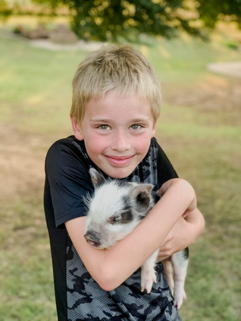 Sam holding our new Kune Kune piglet 