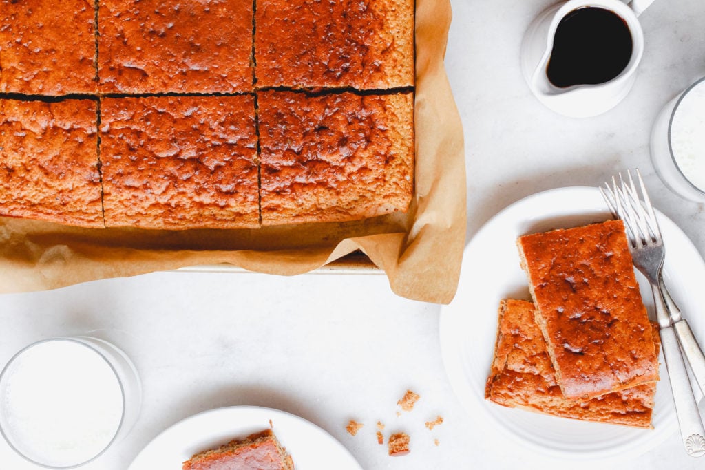 Sheet pan pancake served with maple syrup