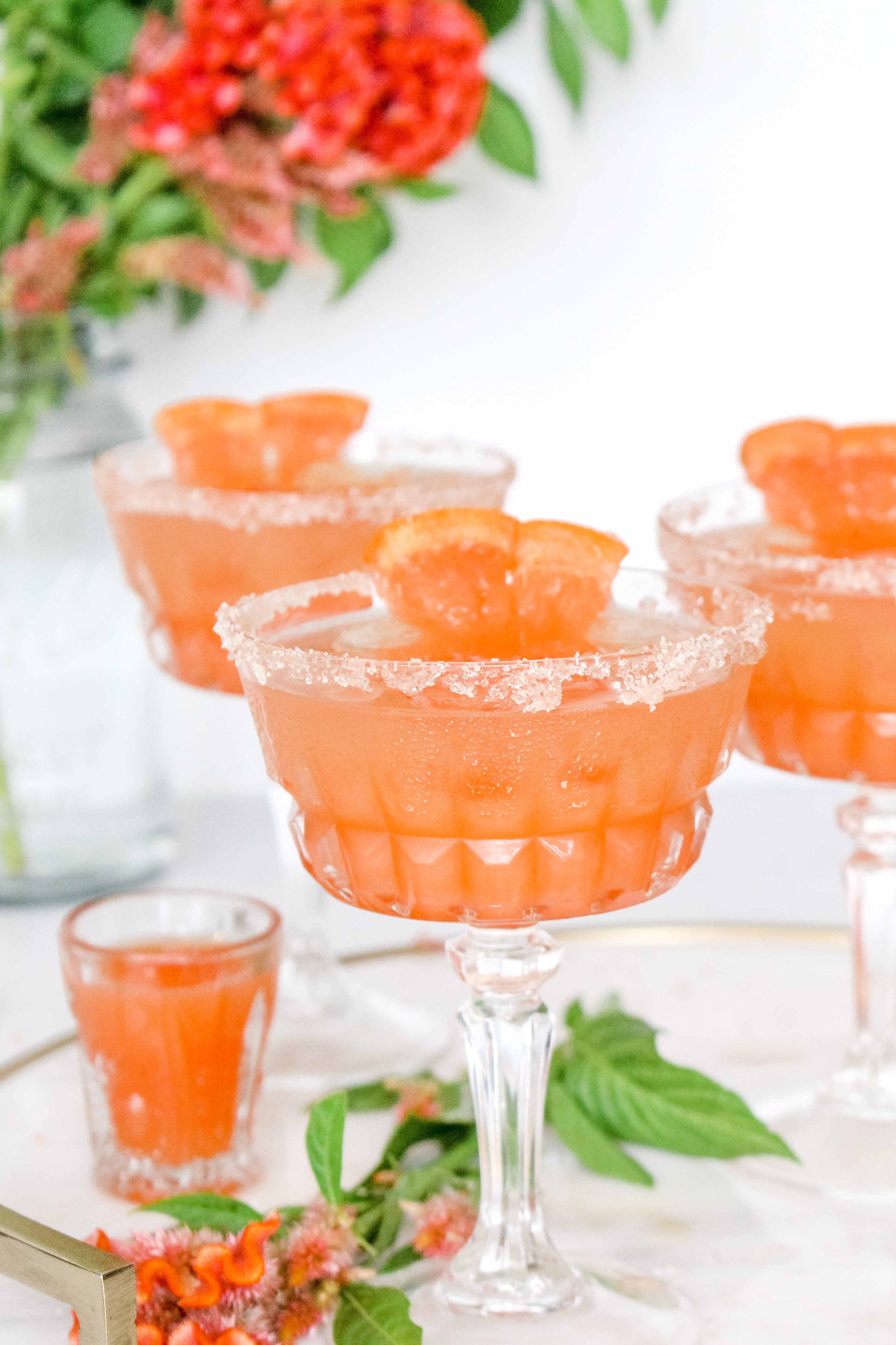 Salty dog cocktail in a coupe glass with celosia flowers.