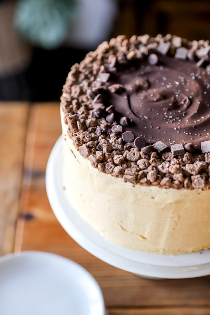 The top view of a peanut butter layered cake with melted fudge and chocolate chunks