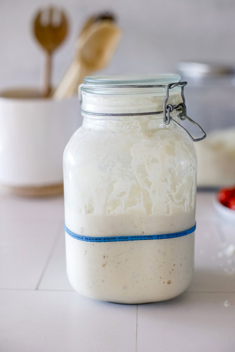 A sourdough starter in a weck style mason jar.