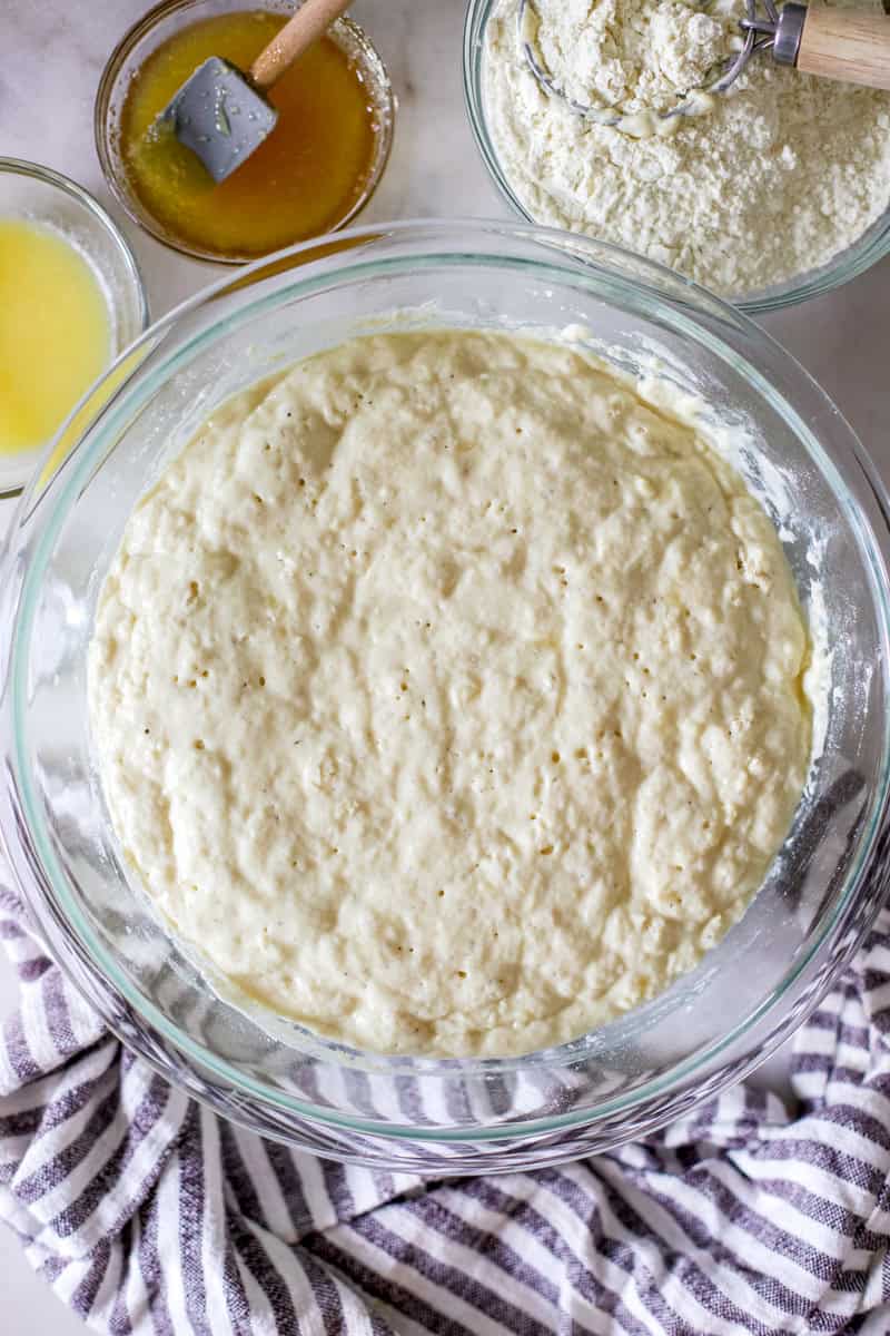 The sponge for a big loaf of sandwich bread after rising for thirty minutes in a glass bowl.