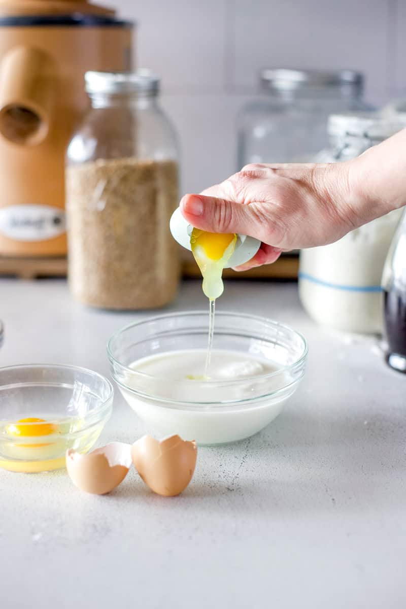 Add the eggs, vanilla, cocoa powder, and whole milk.  Stir to combine.
