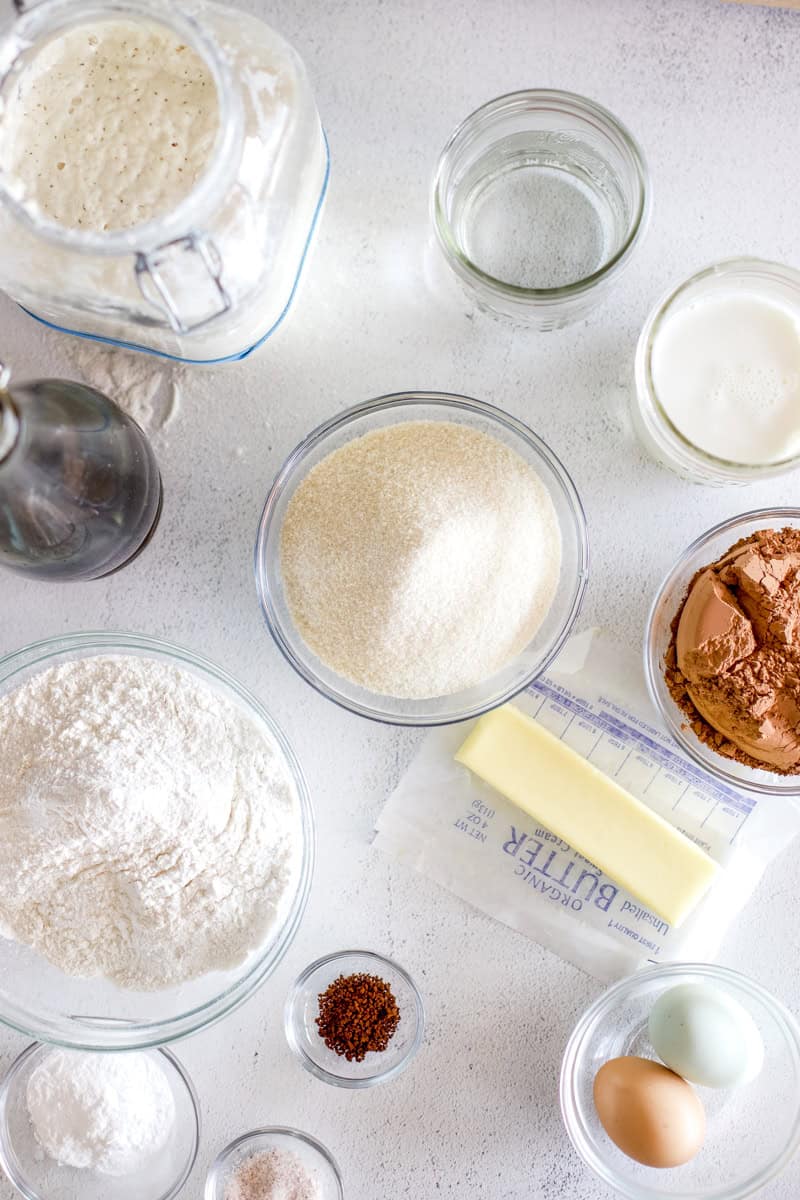 Ingredients for sourdough chocolate cake in glass prep bowls on a white countertop including flour, sugar, sourdough starter, cocoa powder, eggs, butter, etc.