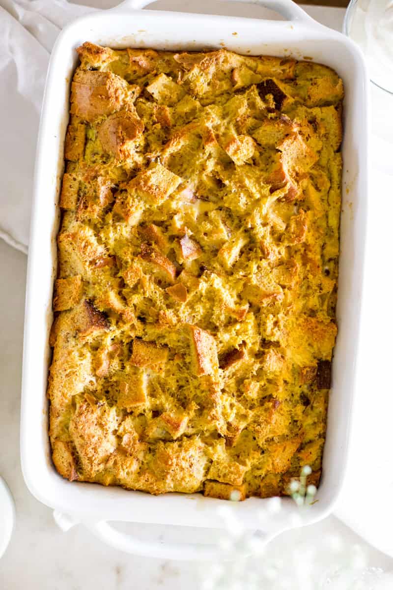 Step 5 of making sourdough bread pudding: bake until the top is golden brown and the middle is slightly puffed.