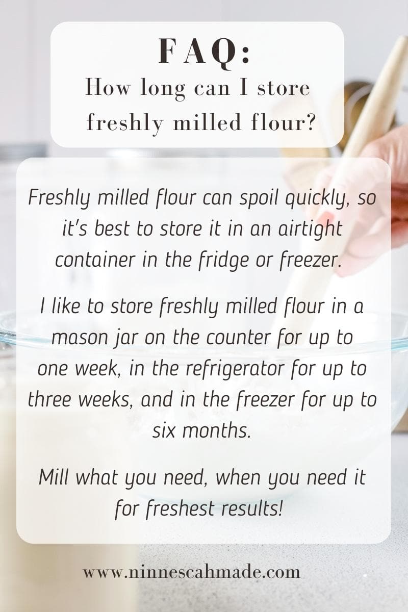 An infographic of FAQ for how to store freshly milled flour.