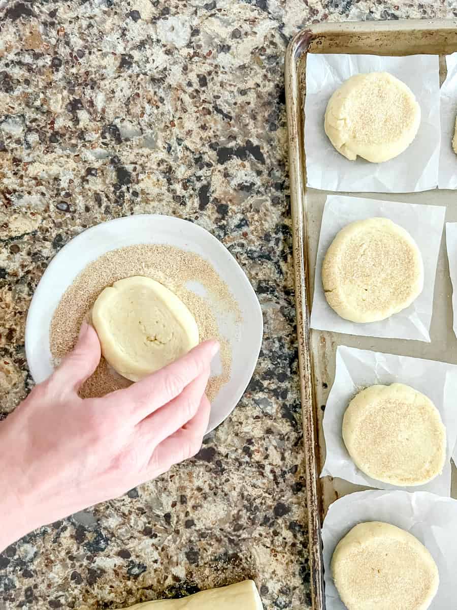 dust the English muffin in semolina or wheat bran to coat the bottom.