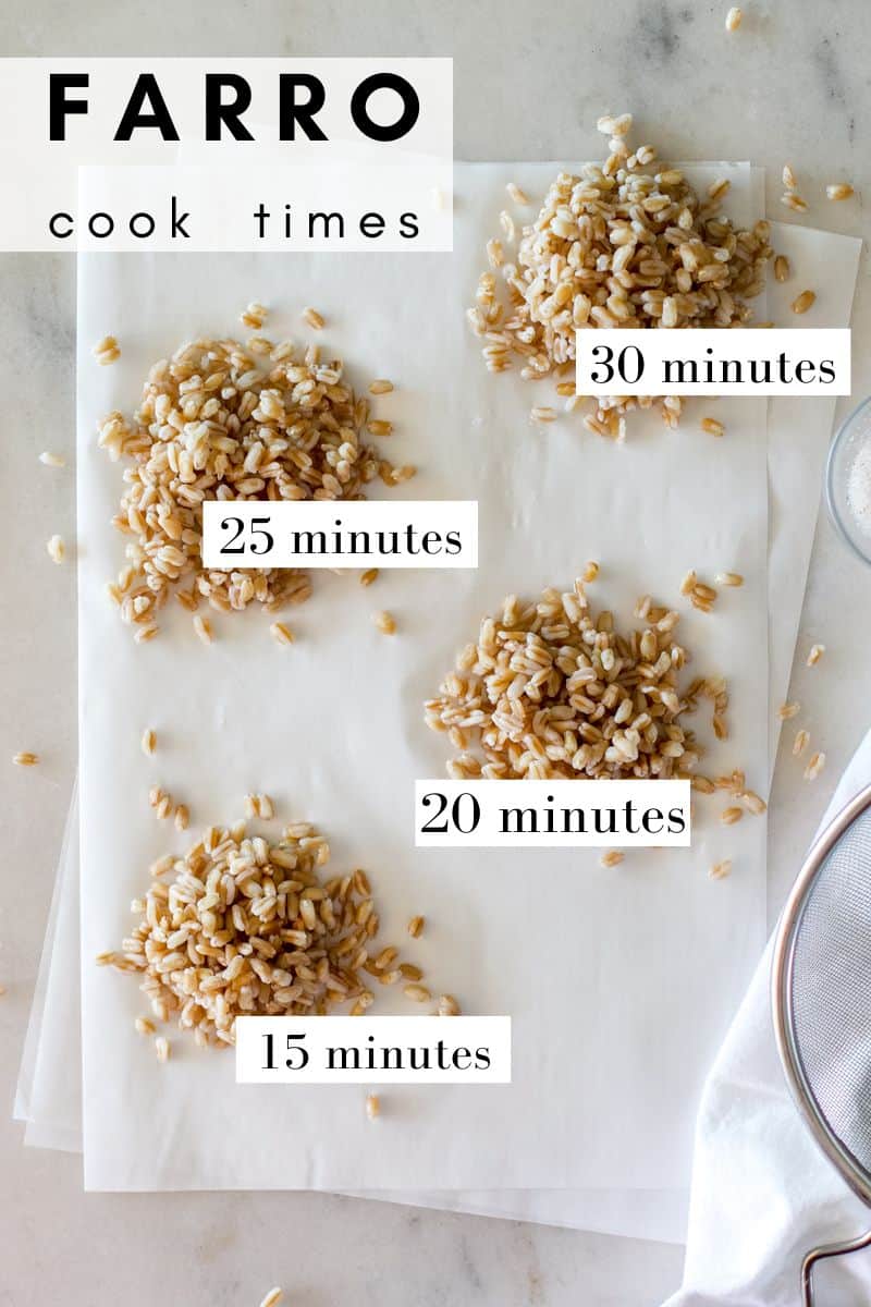 A graphic showing cooked farro at different cooking times: 15 minutes, 20 minutes, 25 minutes, and 30 minutes to show the difference in texture and appearance of how the grain changes the longer it is cooked.