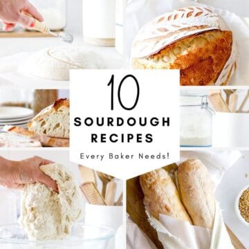 A graphic that says 10 recipes for sourdough every baker needs with bread pictures in the background.