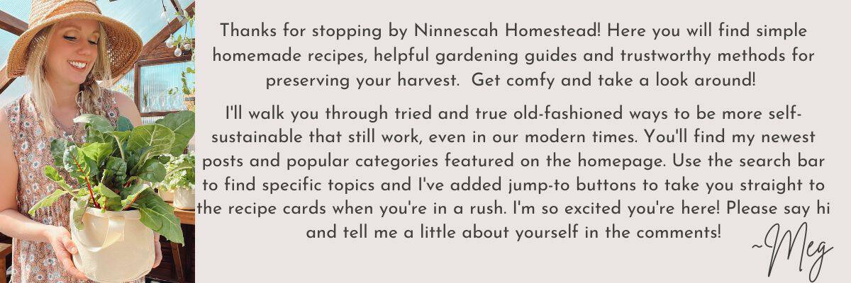 Megan from Ninnescah Homestead holding a Swiss chard plant growing in a grow bag on a graphic welcoming people to her blog.