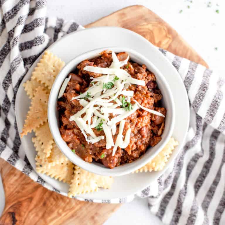 A top view of a bowl of venison chili that was cooked in an instant pot.