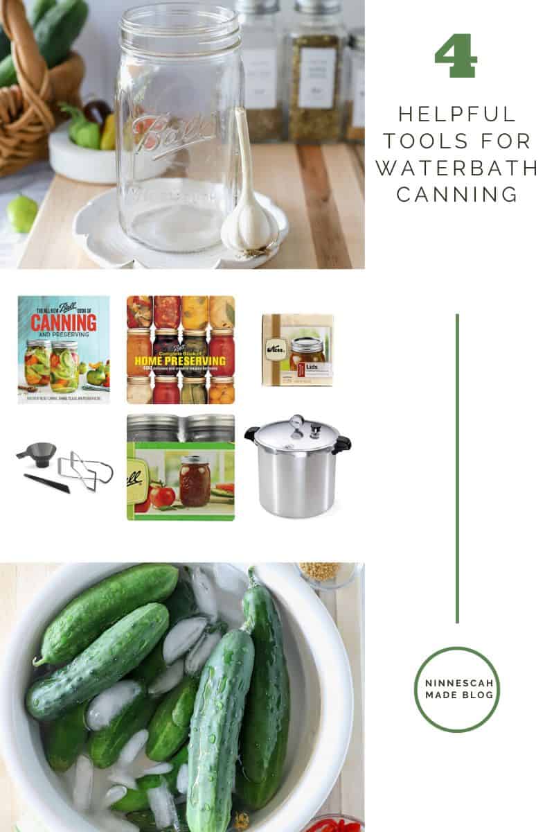 4 helpful tools graphic for how to make homemade pickles that shows a canner, canning book, jar lifter and other accessories.
