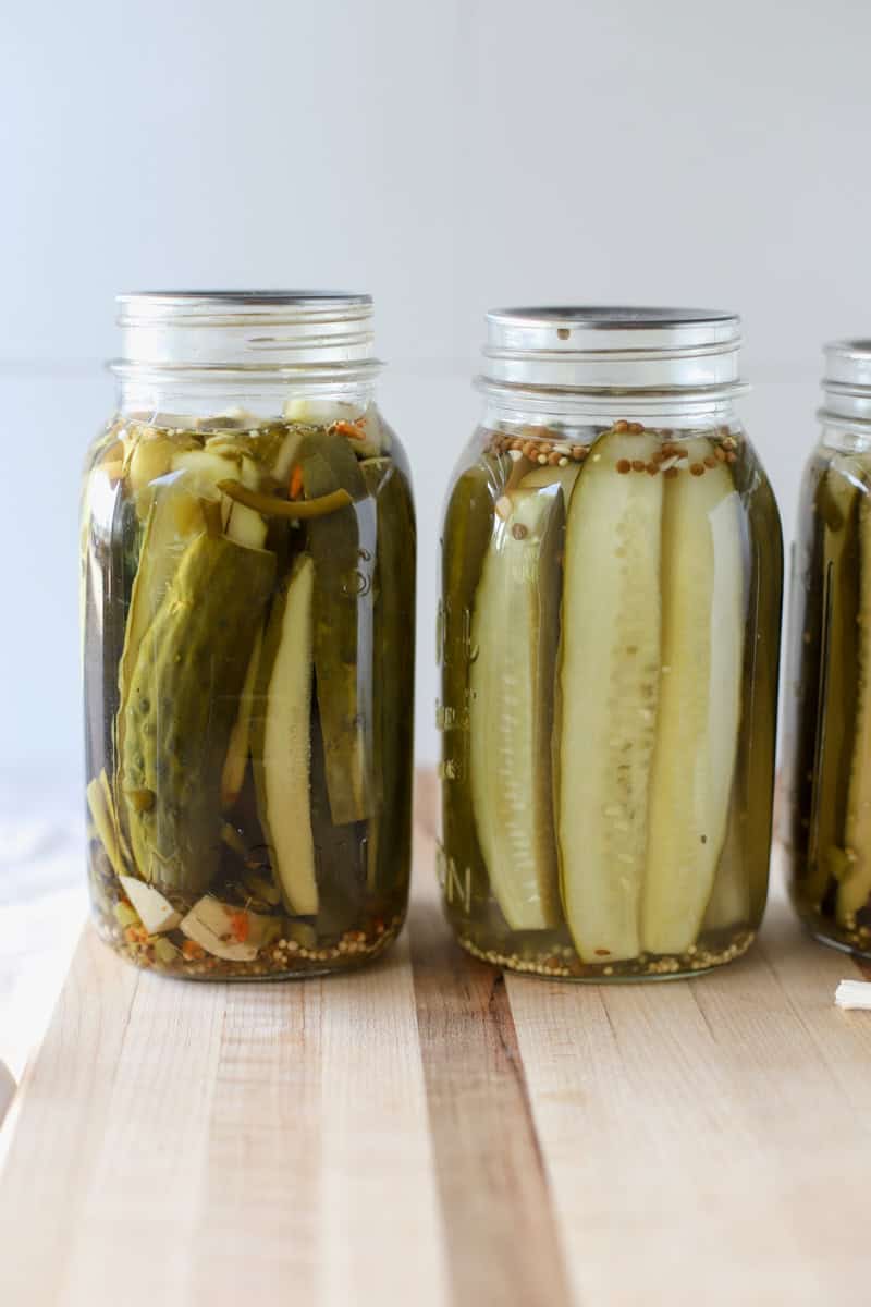 Jars of fresh canned pickles.