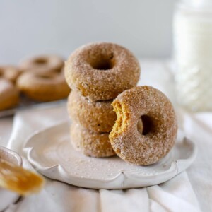 A BAKED PUMPKIN SPICE DONUTS WITH CINNAMON AND SUGAR on a plate with a bite out of one showing the detail.