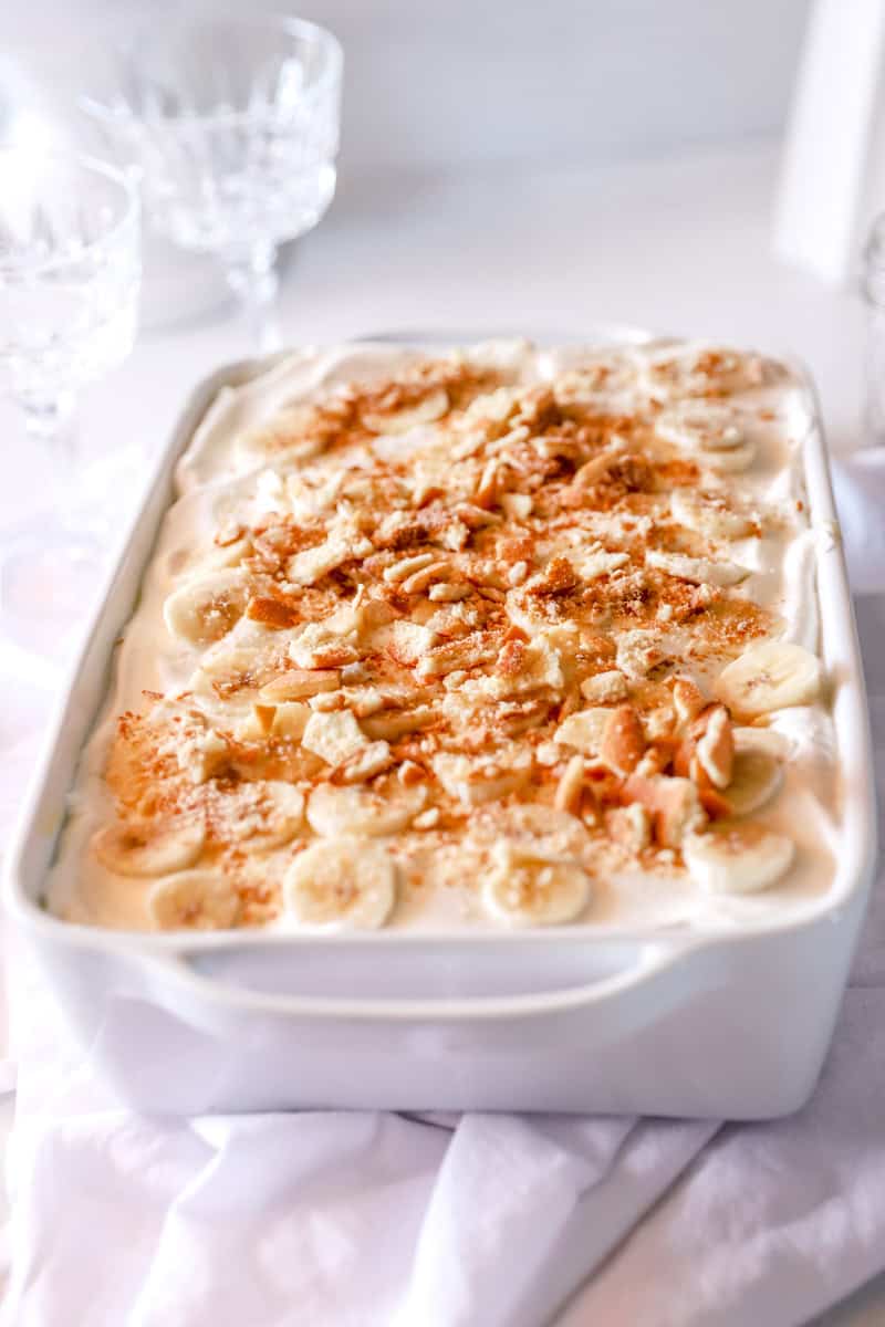 Close up view of a banana pudding with vanilla wafers.