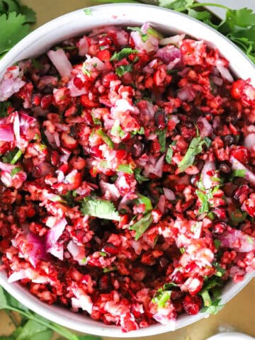 A close up view of a perfect holiday appetizer spicy cranberry salsa in a white bowl.