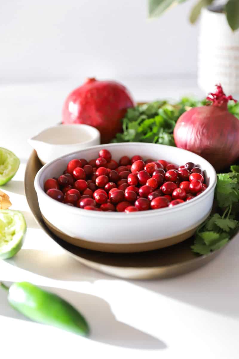 Prep the ingredients for fresh cranberry salsa.