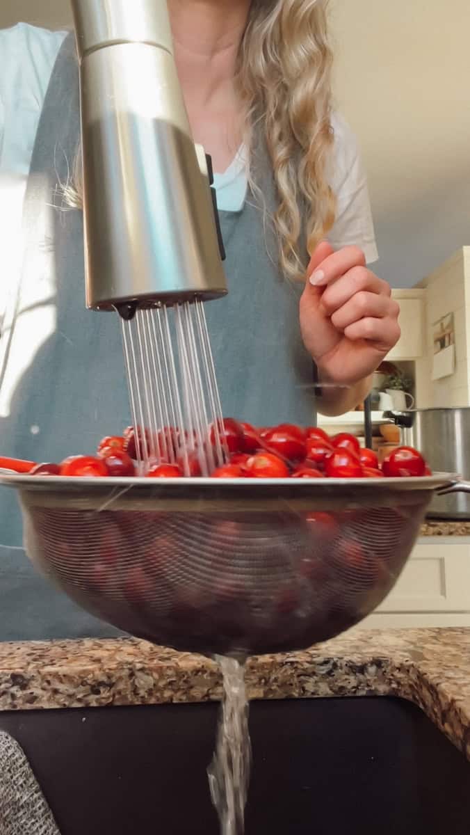 Step one of canning cranberry juice is washing the cranberries.