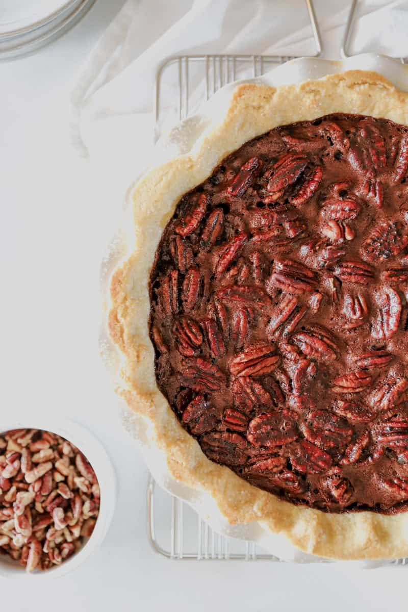 A close up top view of pecan pie.