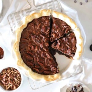 A top view of chocolate pecan pie with sourdough crust.