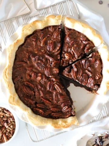 A top view of chocolate pecan pie with sourdough crust.