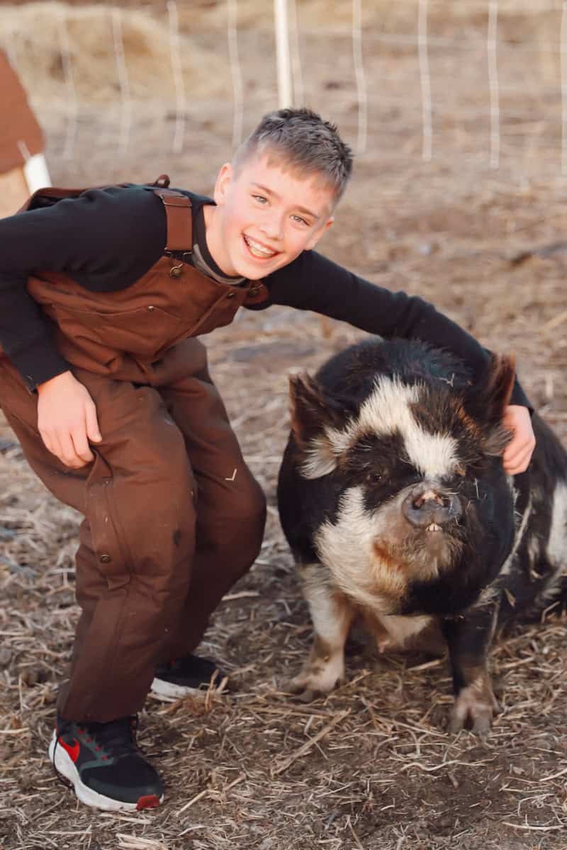A kunekune sow with her favorite human.