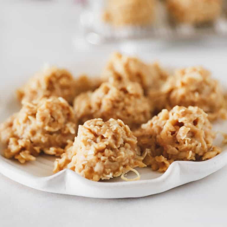 A close up view of peanut butter no bake cookies.