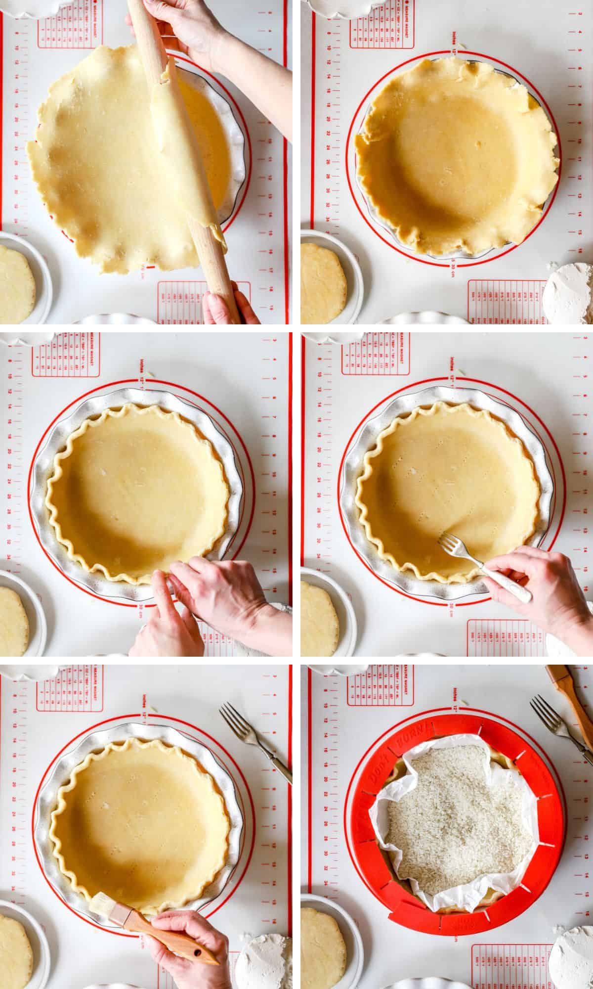 Step by step pictures showing how to roll and shape a sourdough pie crust.