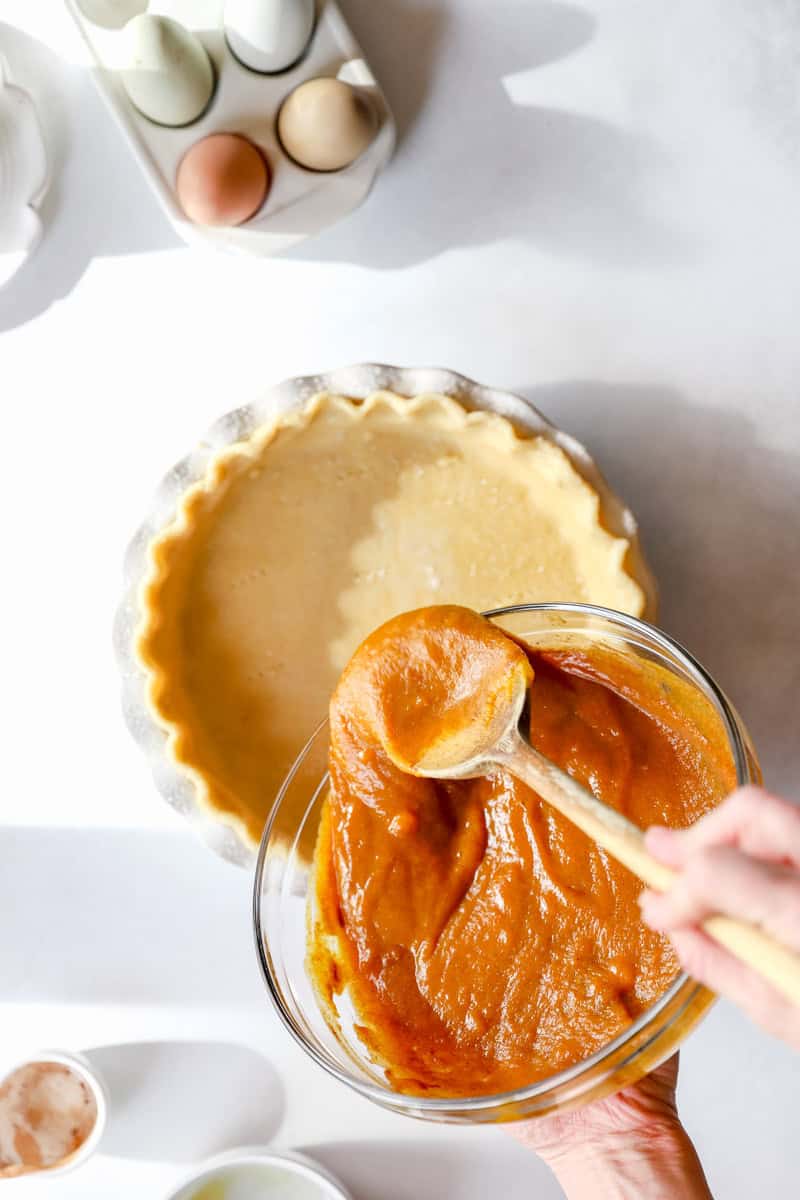 Step 3 of making a pumpkin pie is pour the filling into the pie crust and cover the edges with a silicon pastry shield or tin foil. Â