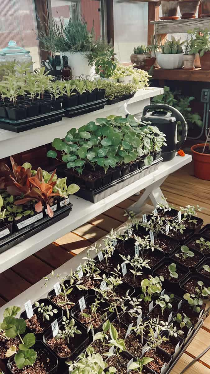 A greenhouse full of seedlings in the early spring.