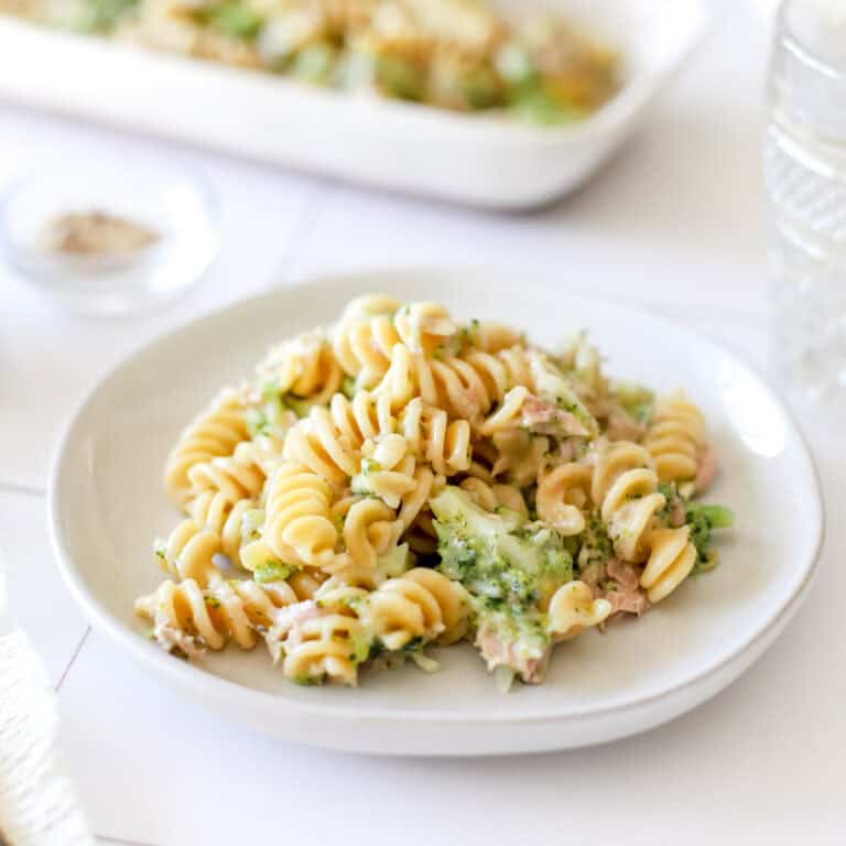 Rotini With Broccoli And Tuna on a white plate.