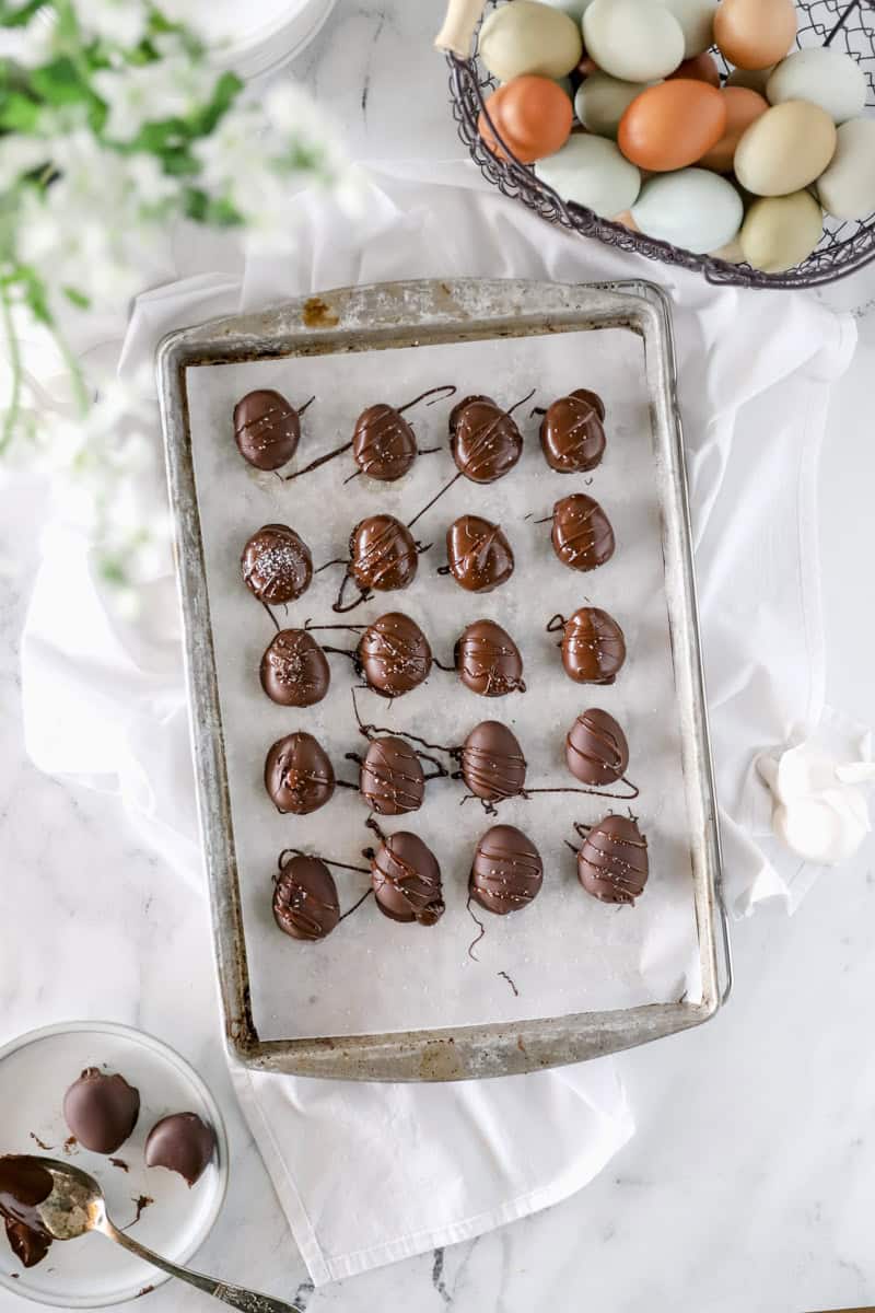 A top view of chocolate peanut butter eggs that are just like a homemade Reese's eggs.