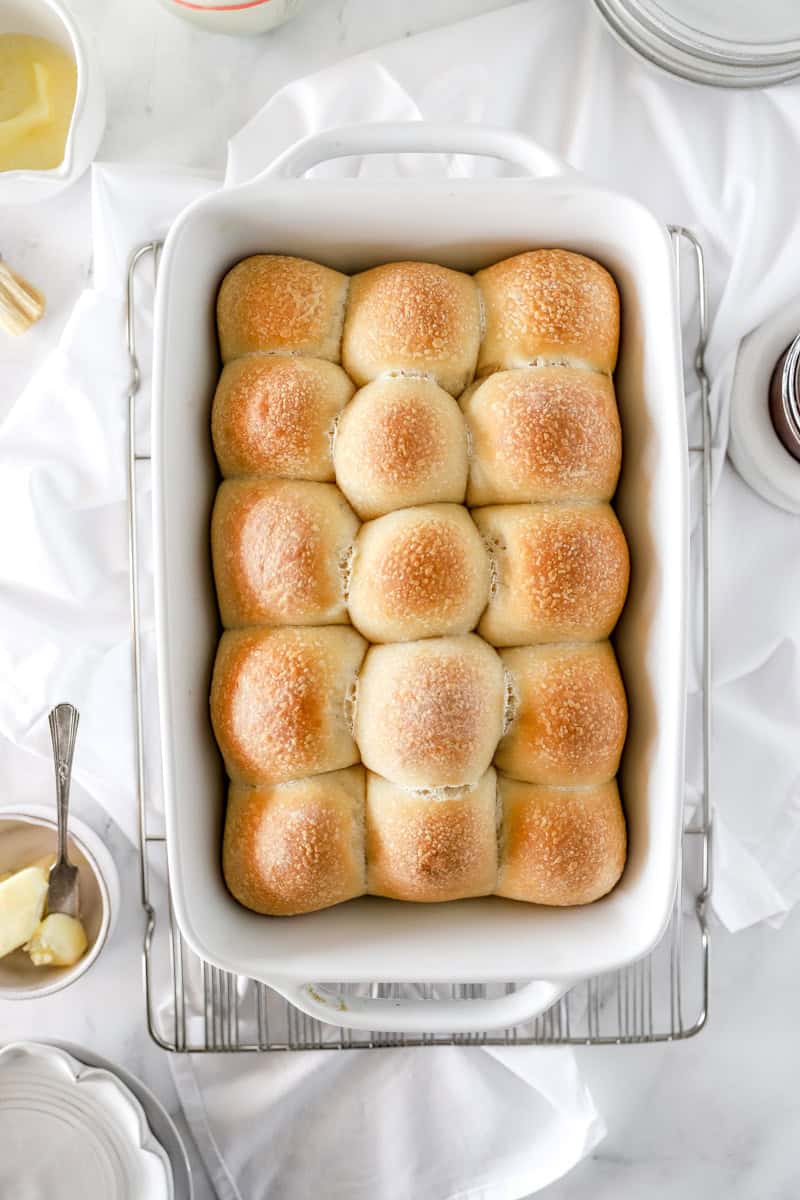 Step 5 of making sourdough dinner rolls is bake the soft sourdough rolls for 40-50 minutes. 