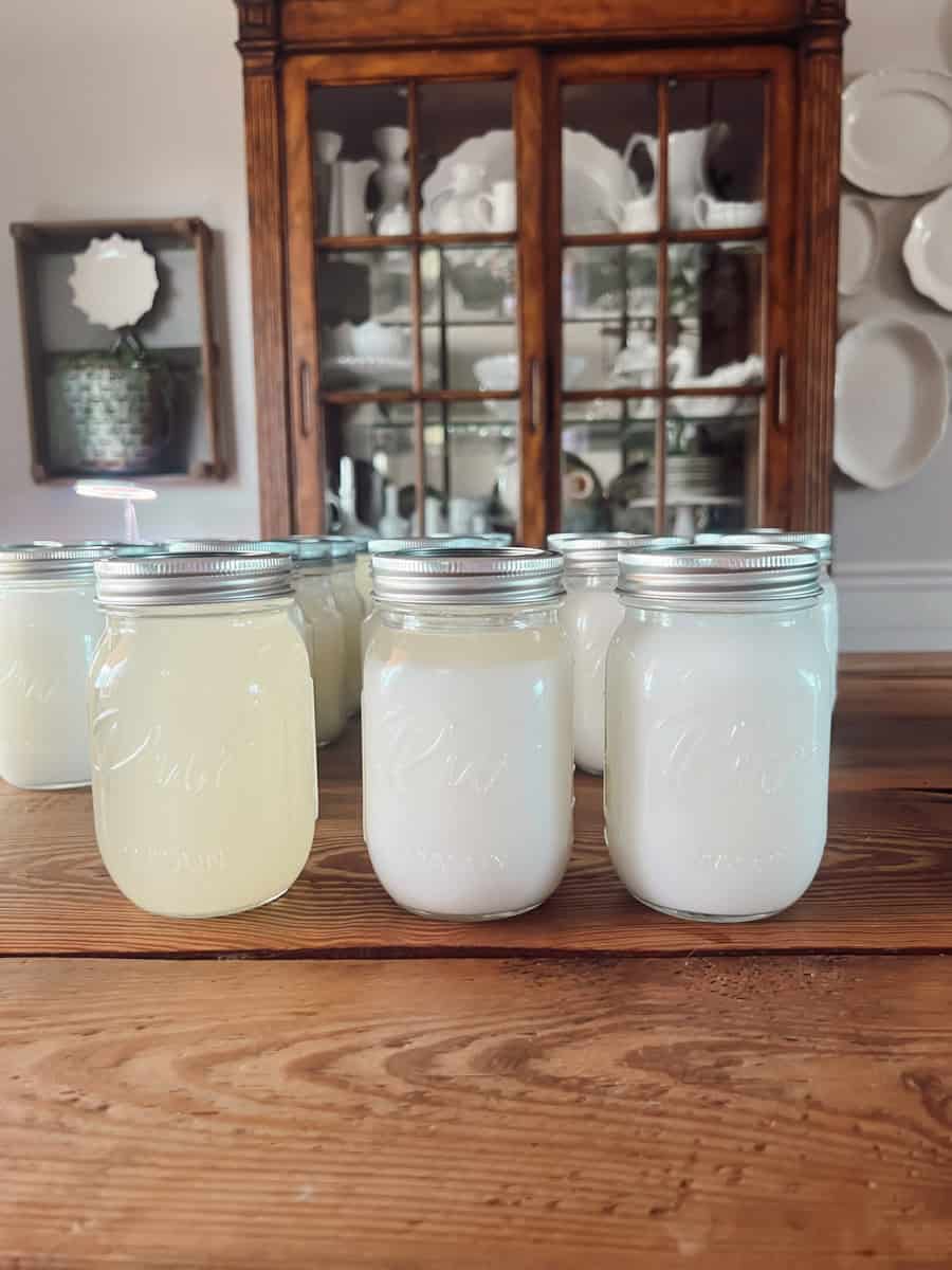Three jars of lard, ranging in color from slight yellow to pure white to show the changes that lard goes through as it cools to room temperature and eventually becomes a semi-solid.