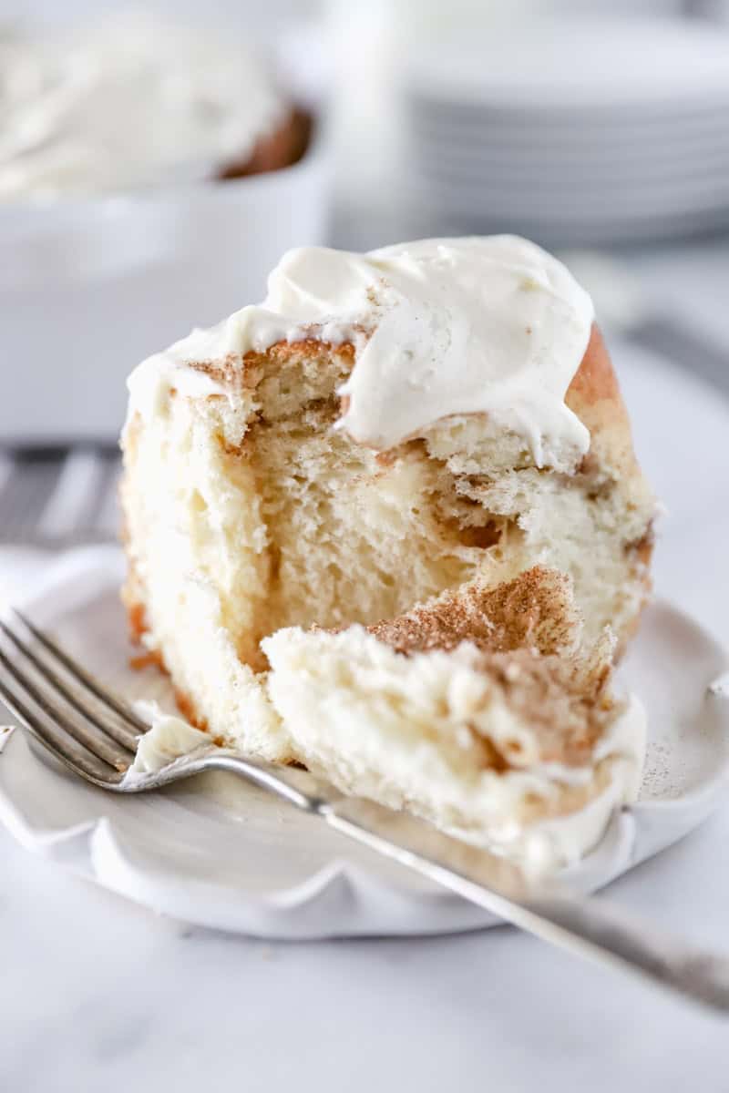 Up close view of the detail on a sourdough cinnamon roll.