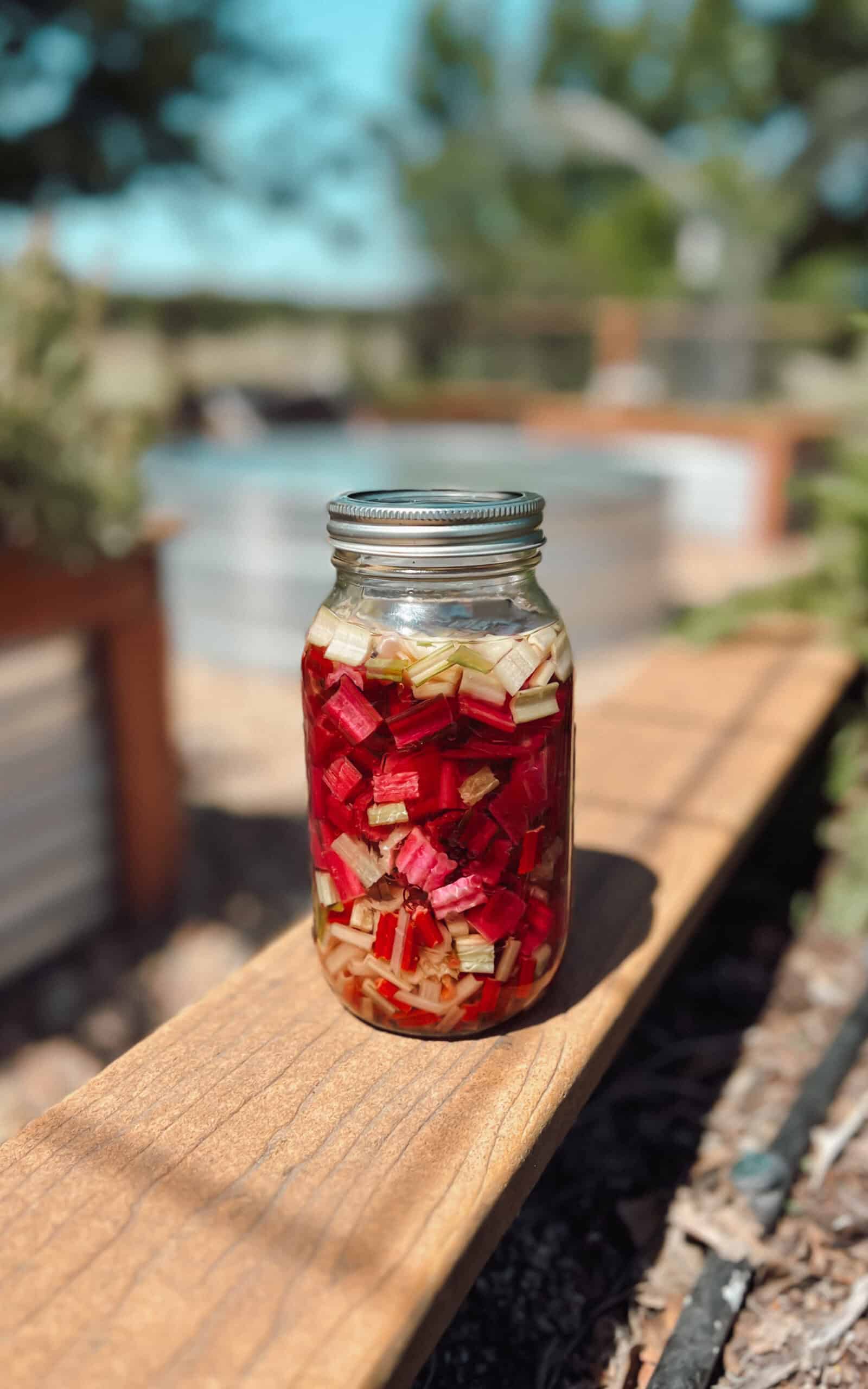 A jar of fermented Swiss chard on a raised garden bed.