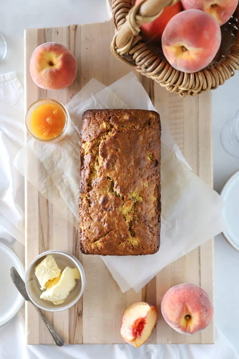 A top view of peach quick bread with sourdough starter.