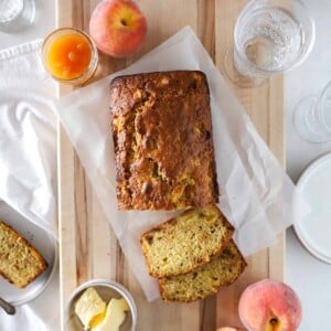 A top view of sourdough peach quick bread.