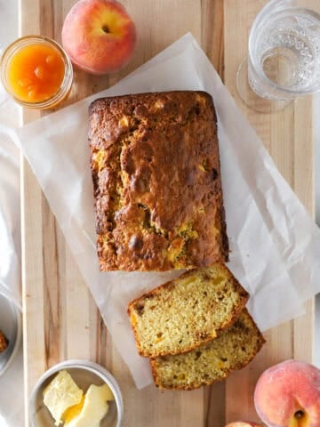 A top view of sourdough peach quick bread.