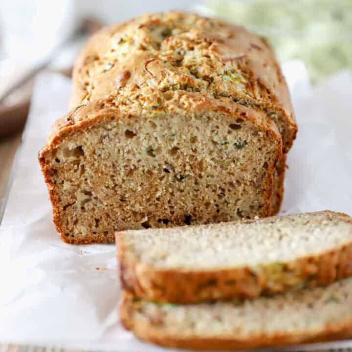 A close up view of sliced zucchini banana bead.