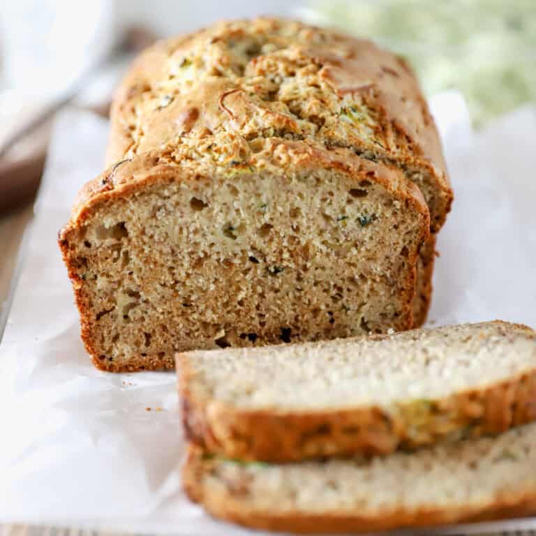 A close up view of sliced zucchini banana bead.