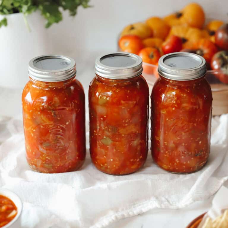 A picture of three jars of chunky homemade salsa for a blog about how to can salsa and how to make homemade salsa.