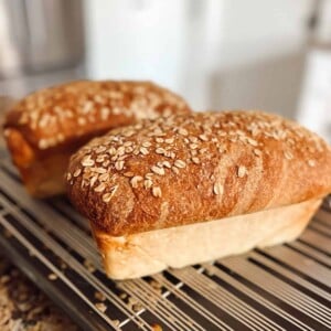 Two loaves of honey oat bread on a wire cooling rack with oats on top.