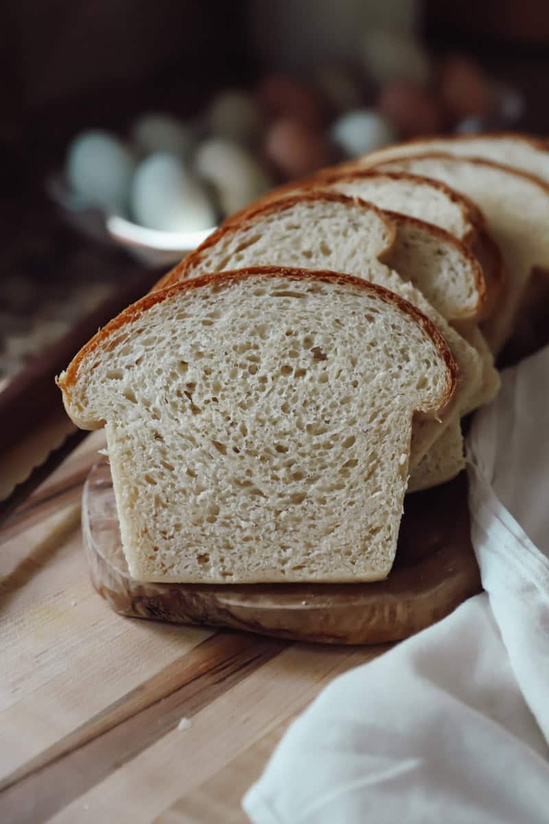 Sliced sandwich bread showing the soft crumb.