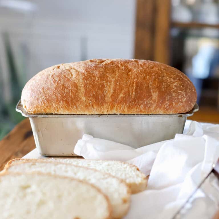 Homemade sandwich bread in a baking pan with slices around it.