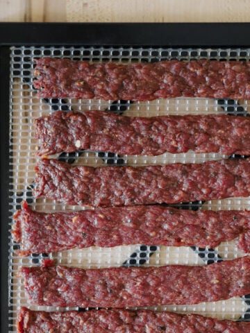 Close up top view of beef jerky.
