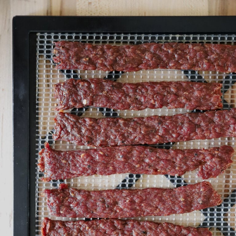 Close up top view of beef jerky.