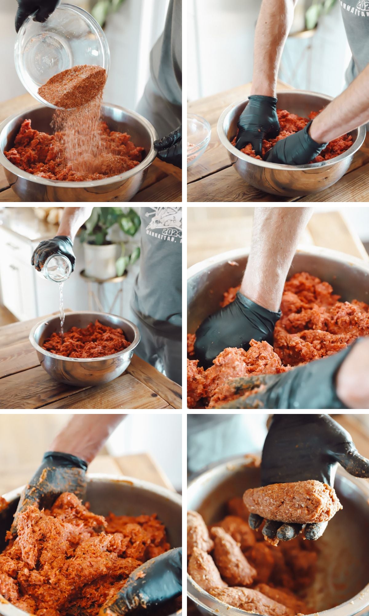 A graphic that shows the steps of making beef jerky, from adding the seasonings to what the meat will look like when it is well mixed.