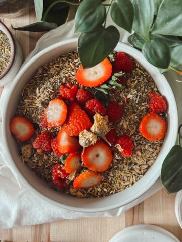 A top view of a bowl filled with edible herbs for chickens and garnished with strawberry tops.