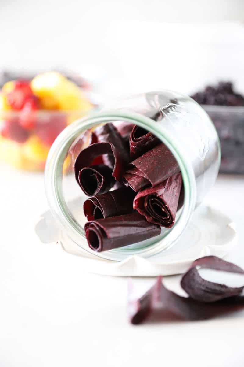 Fruit roll-ups in a glass jar.